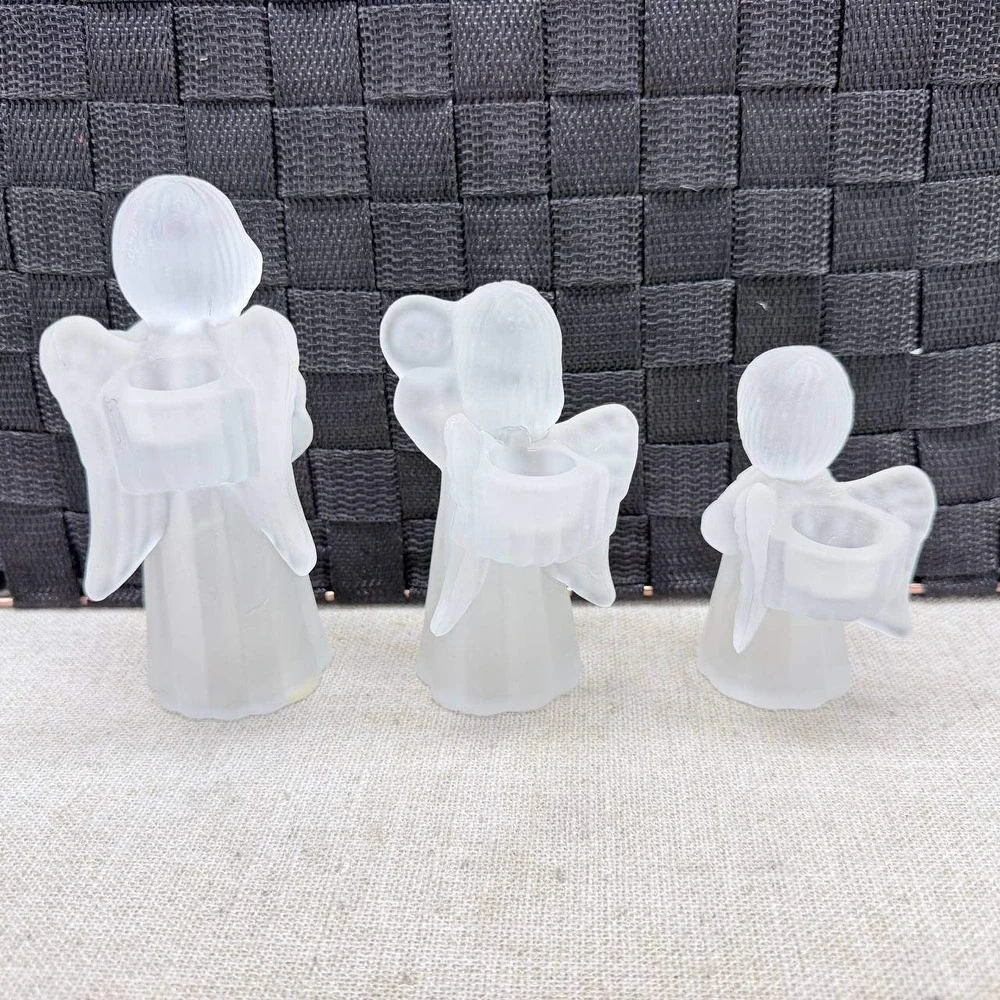 Vintage Frosted Glass Angel Figurine Set of 3 Musical Taper Candle Holders White